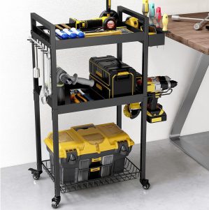 Rolling Power Tool Organizer Cart, 3 Tier Tool Cart Tool Chest with Wheels, Tool Gifts for Men Dad, Garage Workbench Organizers and Storage, Rolling Tool Box Organizer Drill Holder Organizer