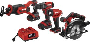 SKIL 20V 4-Tool Combo Kit: 20V Cordless Drill Driver Reciprocating Saw, Circular Saw and Spotlight, Includes Two 2.0Ah PWR CORE Lithium Batteries and One Charger – CB739701,Black, Red