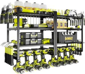 Power Tool Organizer, 8 Drill Holder Wall Mount, 4 Layers Garage Tool Organizers and Storage Rack, Tool Shelf with Screwdriver/Plier/Hammer Holder