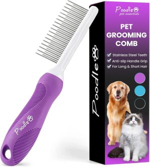 Poodle Pet Detangling Pet Comb with Long & Short Stainless Steel Teeth for Removing Matted Fur, Knots & Tangles – Detangler Tool Accessories for Safe & Gentle DIY Dog & Cat Grooming