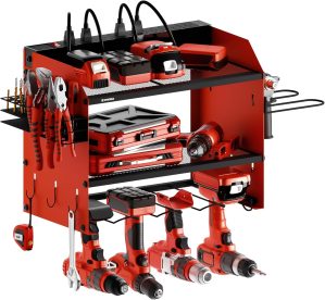 Modular Power Tool Organizer Wall Mount 8-outlet Charging Station with Power Strip Battery Charger, 3-layer Drill Holder, Pegboard Garage Storage System, Extra Side Stand, Utility Racks & Hooks