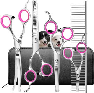 Dog Grooming Scissors Kit with Round Tip, Ecnocal Stainless Steel Titanium Coated Pet Grooming Trimmer Set, Thinning/Straight/Curved Shears, and Comb with Case for Small Pet Dog Cat (Classic)