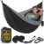 Durable Hammock 400 lb Capacity, Nylon Camping Hammock Chair – Double or Single Sizes w/Tree Straps and Attached Carry Bag – for Travel/Backpacking/Beach/Backyard (Medium, Black & Light Grey)